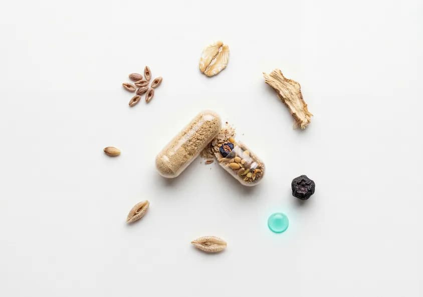 A capsule surrounded by grains, seeds and dried botanicals on a plain surface