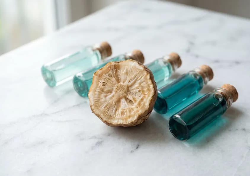 Small glass vials of turquoise liquid beside a dried root slice on marble